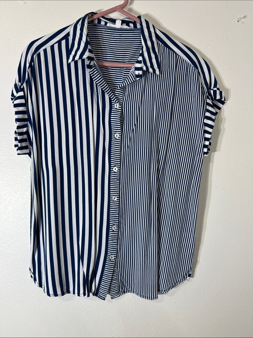 Jane and Delancey Navy and White Mixed Stripe Short Sleeve Button-Front Shirt